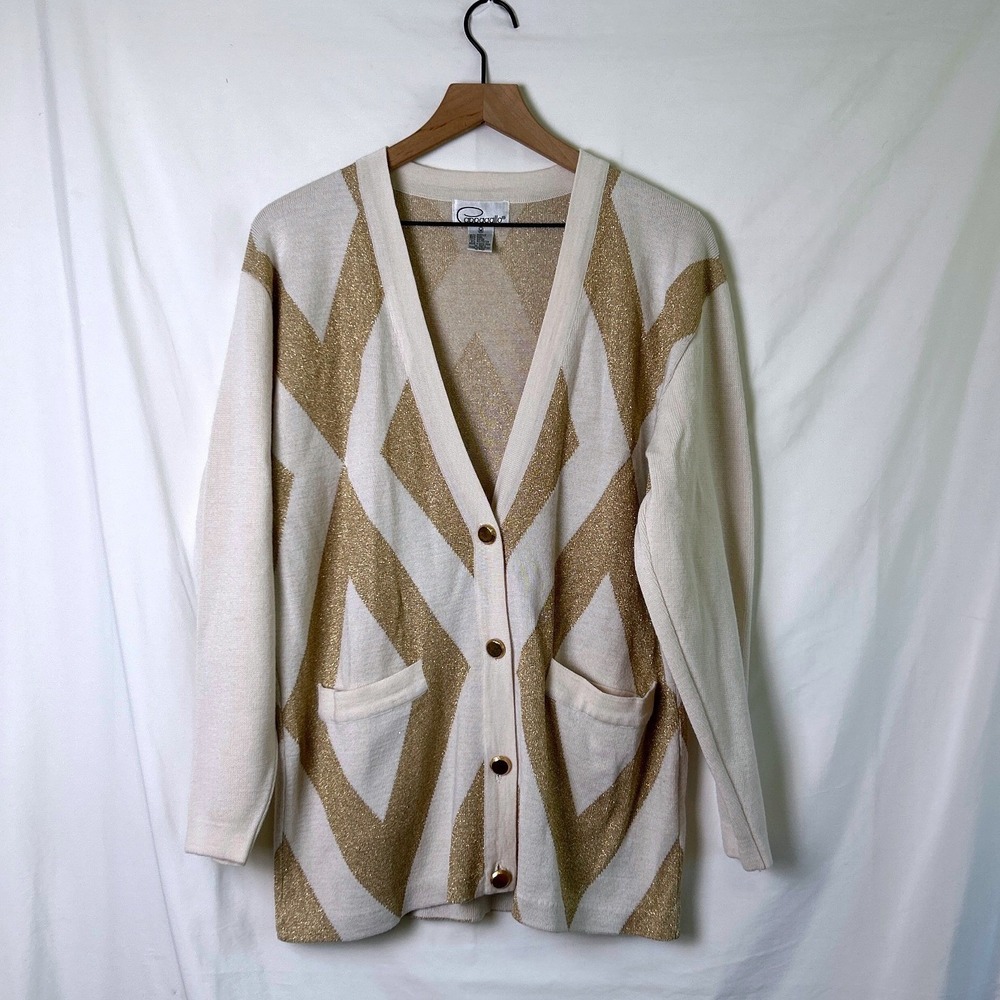 Pappagallo Womens Wool Blend Cardigan Cream Gold Size M Vintage Metallic Diamond